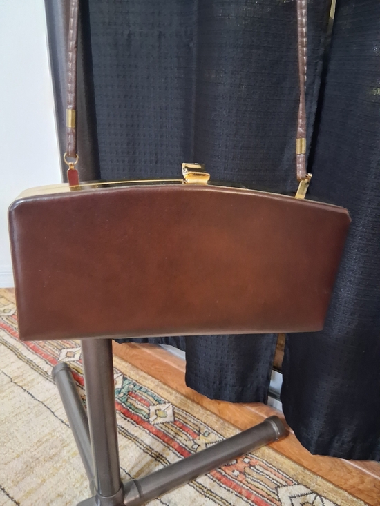Handbags - Brown Leather Clutch with Gold-Tone Frame and Strap